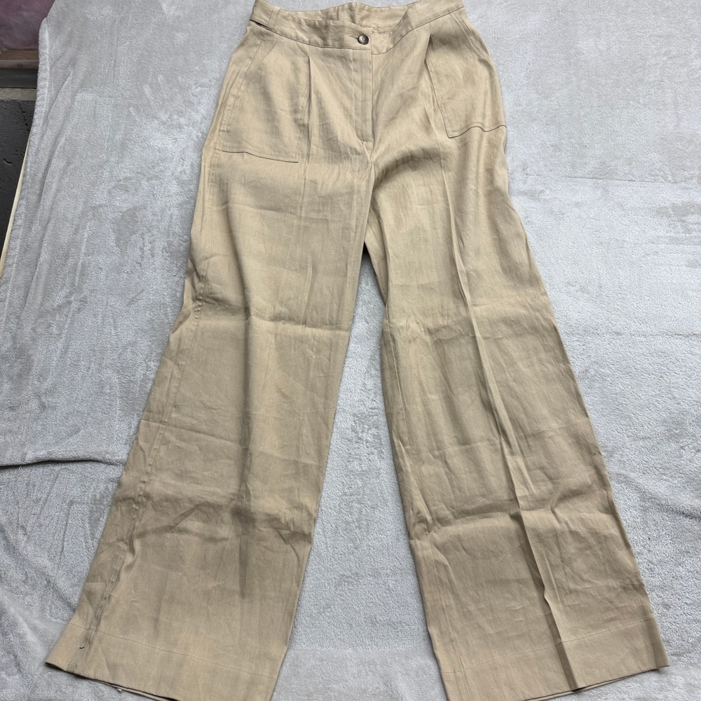 Iris & Ink Wide Leg Trouser Pants Women's 14 Tan Beige Hi Waisted Workwear Pants